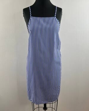 ASOS Blue White Striped Square Neck Spaghetti Strap Cinched Shift Dress Sz 10 M